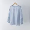 Blusa Top Artística Lavada de Linho Estilo Japonês para o Dia a Dia, Soltinha, Juvenil, com Ombro Caído e Manga Lanterna, Transparente Fina