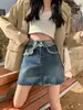 Mini Saia Jeans Vintage Desfiada para Mulheres, Outono Cintura Alta Plus Size, Petite Versátil de Corte A Bodycon Meia Saia