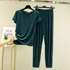 Nuevo conjunto de verano fino de modal con manga corta y pantalón largo para mujer, ropa de casa, color liso, estilo simple, se puede usar para salir, conjunto de dos piezas
