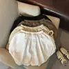 Toma real de shorts de botón dulces elásticos de cintura alta línea A tipo capullo para niñas, pantalones holgados tipo linterna de algodón lavado, otoño 2026