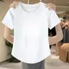 Nova Camiseta Simples de Manga Curta Estilo Chinês Verão Novo Visual Emagrecedor Cobertura da Barriga Gola Redonda Estampada Assimétrica Top para Mulheres