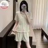 Pijama de Algodón de Color para Mujer Verano Nuevo Estilo Coreano Estilo Ins con Almohadilla en el Pecho Encaje Manga Corta Pantalones Cortos Suelto Casual Ropa para el Hogar