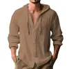 Camisa casual deportiva de manga larga con capucha para hombre, color liso, transpirable, abotonada, corte holgado, importación europea y americana, mezcla de algodón y lino