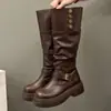 Botas de motocicleta de moda para otoño con detalles plisados, diseño versátil de suela gruesa convertible, nuevas botas largas de doble uso para mujer, estilo de caña alta