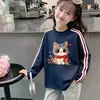 Camiseta de algodón puro para niña con tres rayas y manga larga para primavera y otoño, adecuada para niños mayores, top versátil casual de cuello redondo, capa base dulce y linda