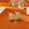 Jie Hao Jewelry Pendientes de Tachuela Brillantes de Zircón Turquesa en Forma de C Moda de Alta Gama Exquisito Pendiente Joyería de Nicho Retro