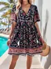 Roupas femininas europeias e americanas Amazon Shein transfronteiriças 2024 primavera e verão vestido casual de férias estampado de manga curta