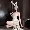 Vestido Curto Sexy Sem Alças com Renda, Estilo Hot Girl, Estrutura de Barbatanas, Ajustado ao Corpo, Costas Abertas, Dm, Festa de Halloween, Tiara de Orelha de Coelho, Novo