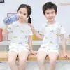 Pijamas Infantis Algodão Puro Verão Novo Malha Roupa de Casa Meninos Manga Curta Shorts Meninas Conjuntos de Bebê Roupa para Ar Condicionado