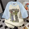 Camiseta Suelta Estampada con Personaje de Dibujo Letras de Calle Americana Marca de Moda Trendy Verano Ins Tops Versátiles de Manga Corta para Mujer