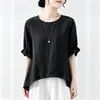 Camiseta de algodón para mujer 2026 verano, talla grande, manga corta, que cubre la cadera, adelgazante, top asimétrico blanco