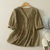 Foto real de camisa de verano fina de manga corta para mujer, nuevo modelo 2026, talla grande, diseño único, blusa de nicho con cuello en V