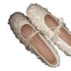 Versão em Pele de Ovelha~Sapatilhas Redondas com Lantejoulas em Laço Estilo Francês para Mulheres, Sapatos Mary Jane Rasos Versáteis e Delicados