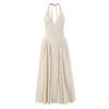 7602-25 Nuevo Estilo de Verano Estilo Europeo y Americano Albaricoque Elegante Correa en la Cintura Cuello Halter Cuello en V Vestido de Longitud Media