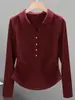 Camiseta cinza de manga longa com gola polo para mulheres, novo estilo outono 2026, top base acinturado slim-fit plissado A14026