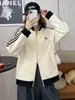 A1330 Chaqueta para Mujer con Tres Rayas, Estilo Deportivo Vintage, Cuello Alto, Chaqueta con Cremallera, Corte Holgado, Rejuvenecedora, Abrigo Versátil