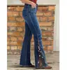Detalles de bordado floral, pantalones de campana, jeans elásticos, artículo de moda, estilo casual versátil