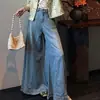 Jeans Anchos Plegados de Tencel Lavado con Bio-Enzimas Desgastados Guanyou, Jeans Anchos de Pierna Recta de Tiro Alto hasta el Suelo con Pierna Curva