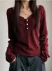 Blusa listrada casual chique estilo americano, casaco básico vermelho estiloso, camiseta feminina de manga comprida com ombros retos e corte solto