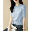 Verano Blanco usar corto media altura cuello redondo holgado adelgazante manga corta camiseta tejido de punto mujer nuevo top básico