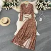 Estilo Vacaciones de Primavera y Otoño Traje Floral Vintage para Mujer Manga Larga Francés Delgado Cuello en V Top Falda Dividida Conjunto de Dos Piezas