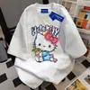 Camiseta de Manga Corta con Estampado de Gato Kt de Diseño Americano para Hombres y Mujeres, Ropa de Trabajo Versátil para el Verano, Top Holgado para Parejas Ins