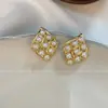 Novos Brincos de Malha Metálica Elegantes com Personalidade da Moda Brincos de Pérola em Malha de Luxo Leve Francês de Alta Qualidade