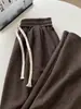 Pantalones de pierna ancha color café talla grande 150 kg para mujer, otoño e invierno, cintura alta, fluidos, holgados, espiga, forro polar, gruesos, pierna recta