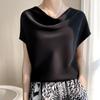 Seda Seda 2023 Verano Nuevo Camiseta Elegante de Satén Estilo Francés para Mujer Talla Grande Combinable Cuello Mao Camiseta de Manga Corta