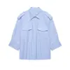 Para Comercio Exterior Europeo y Americano Transfronterizo Ropa de Mujer Aliexpress Más Vendido Verano Versátil Azul Claro Hombrera Manga Tres Cuartos Camisa