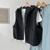 Chaleco retro con capucha de estilo coreano con bolsillos grandes, una versátil novedad de primavera para mujer, perfecto para usar en capas, y una chaqueta sin mangas con cremallera de moda