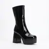 Botas Femininas de Cano Curto de Couro Patente Cruzado Estilo Outono/Inverno Botas Curtas Femininas Salto Alto Bloco Botas de Cano Curto Sexy Tamanho Grande Moda Europeia e Americana Botas de Combate