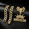 Colar Masculino Europeu e Americano Transfronteiriço Criativo Coroa Completa de Diamante Pingente com Letra HUSTLER Coroa Hip Hop com Letra Acessórios
