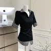 Camiseta de Manga Corta con Cuello Polo, Patchwork a Cuadros Estilo Universitario Coreano para Mujer, Nueva Moda Verano 2026, Ajuste Delgado, Top de Tendencia