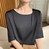Camiseta de verano ligera de color liso estilo coreano con cuello redondo, manga corta, tacto de alta gama, top de satén de acetato plisado, camisa de moda de corte holgado