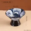 Tigela de chá de porcelana azul e branca estilo japonês com pé alto, fruteira de cerâmica novo estilo chinês, tigela de lanche para sala de chá para frutas secas e doces