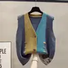 Nuevo Estilo Otoño e Invierno para Mujeres de Mediana Edad y Mayores, Chaleco de Punto con Bloques de Color y Cuello en V Talla Grande, Holgado y Versátil, Top Cálido para Llevar por Debajo