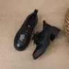 Zapatos de Estilo Universitario con Cordones para Mujer 2025 Nuevos Zapatos Pequeños de Cuero para Mujer Estilo Británico con Cordones Mocasines Negros de Tacón Grueso