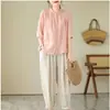 Moda Femenina Talla Grande Estilo Nuevo Primavera/Verano 2025 Camisa de Algodón Lino con Cuello Redondo Suelta y Elegante para Mamás, Top Suelto Adelgazante