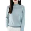 Camiseta de malha justa com gola alta vazada para mulheres, design de uma linha sem costura, blusa plus size para outono e inverno, suéter azul para outono e inverno