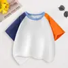Camiseta de Manga Corta para Niños Verano Algodón Puro Mangas Raglán Color de Contraste Cuello Redondo Ropa para Niños Absorbe el Sudor Transpirable Uniformes Escolares Tops para Niños y Niñas