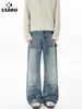 Muxi Roupas Estilo Rua Americano Jeans de Botão Lenhador para Homens, Vibe de Outono Calças de Trabalho Flare Wide-Leg Vintage