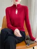 Suéter chino vintage para mujer, cuello alto, color liso, botones, hueco, corte ajustado, adelgazante, lana peinada, tejido fino, manga larga