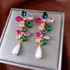 Brincos Pingente Flor Pérola Banhados a Ouro Real 18K Brincos de Luxo Vintage Brincos Requintados Retrô para Mulheres