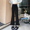 Calça de alfaiataria de renda boca de sino preta para mulheres, novo estilo de verão, calça de cintura alta reta de perna larga, calça boca de sino cropped casual