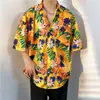 Camisa havaiana de manga curta floral masculina verão fino solto estilo Hong Kong Ins marca da moda bonito casual mangas três quartos