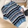 Nuevo estilo de verano 100% algodón puro jacquard de rayas verticales manga corta cuello redondo tejido ligero versátil elegante top para mujer