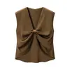 Nuevo Top Camiseta de Moda Verano para Mujer Marrón Texturizado Estilo Francés Retro Elegante con Giro en V sin Mangas para el Trabajo