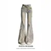 Jeans Acampanados de Cintura Alta Retro Americanos para Mujer con Diseño Patchwork de Dobladillo Crudo, Pantalones Bootcut Rectos de Corte Slim