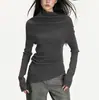 Anna anea suéter feminino de manga longa cinza escuro design slim fit de primavera gola alta ombro a ombro base